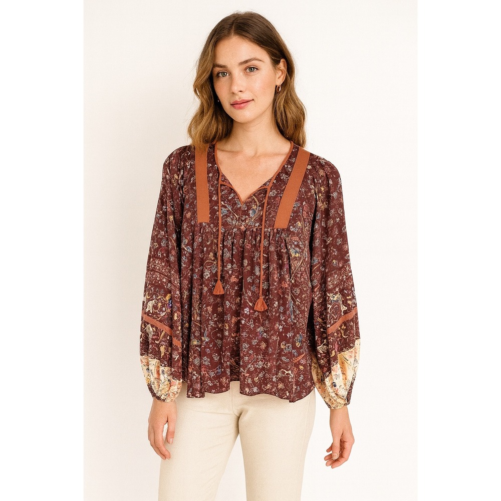 Ulla Johnson Silk Boho Peasant Blouse Floral Animal Bird Print Burgundy Size‎ 2